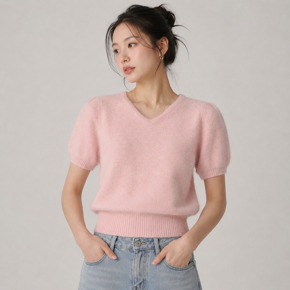 Jeong Hee Women's Angora Sweater Pink Puff Sleeve Size S/M Vintage Coquette 80s